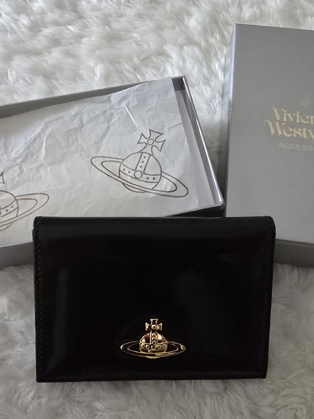 Vivienne Westwood Black Patent Card Holder with Gold Orb Emblem